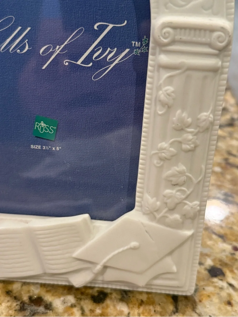 Russ Berrie White Porcelain Graduation Frame Halls of Ivy Embossed  3 1/2 X 5